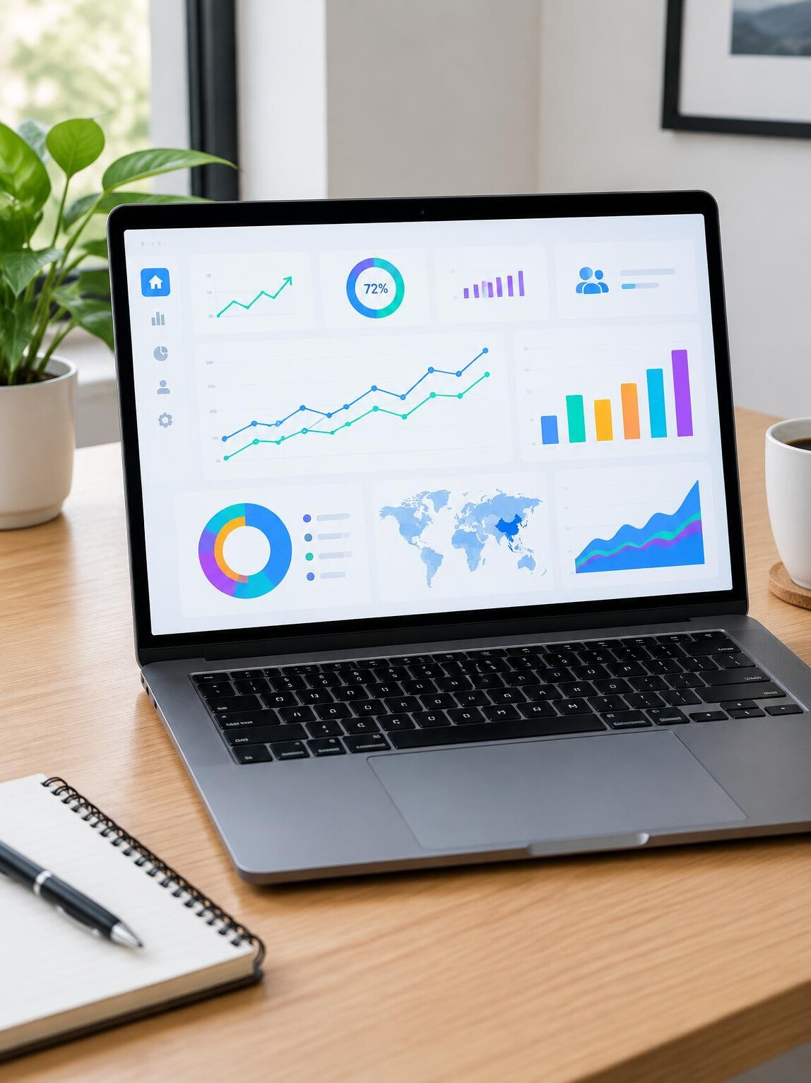 Analytics dashboard with charts on a laptop screen