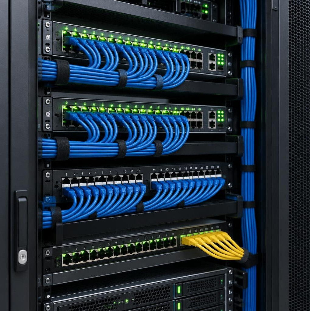 Server cabinet with network cables