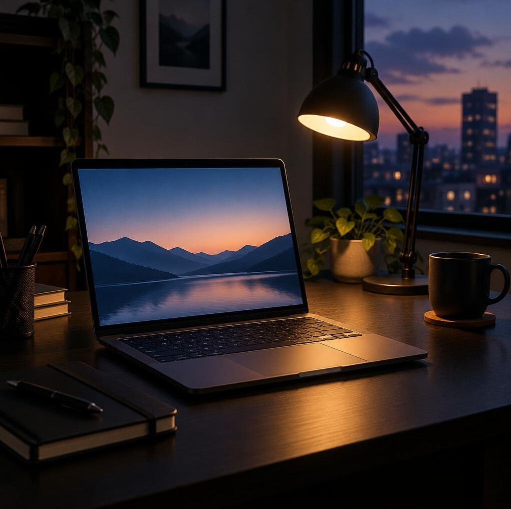 Dark desk with laptop and glowing screen